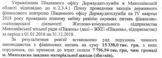 Инвентаризация ЖКП "Південь" обнаружила недостачу в 3 миллиона гривен