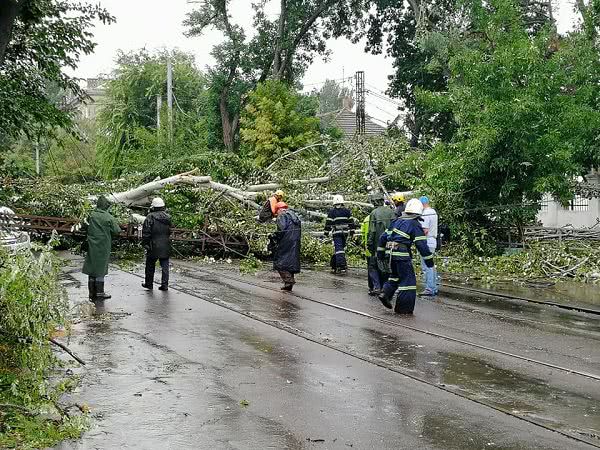 Последствия шторма в Николаеве: на авто рухнула железная опора, а громадный тополь перегородил Потемкинскую