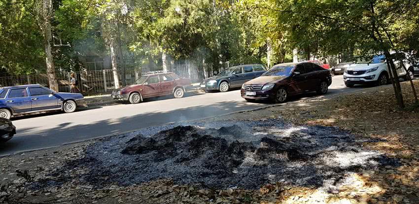 В Николаеве под окнами детской областной больницы горят кучи опавшей листвы