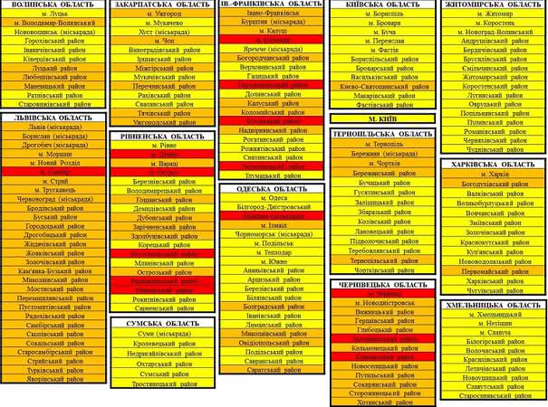 "Желтые", "оранжевые" и "красные" карантинные зоны в Украине с 24 августа. Инфографика: МОЗ